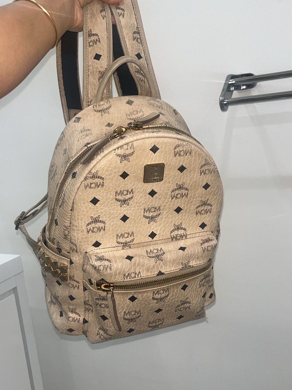 MCM Beige Logo Visetos Mini Backpack with Gold Hardware